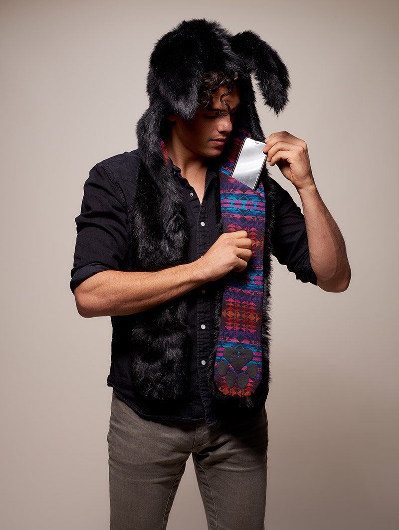 Man wearing faux fur Black Bunny GOA Collector SpiritHood, front view 5