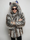Man wearing faux fur BlackMilk Galaxy Grey Wolf Coat, front view