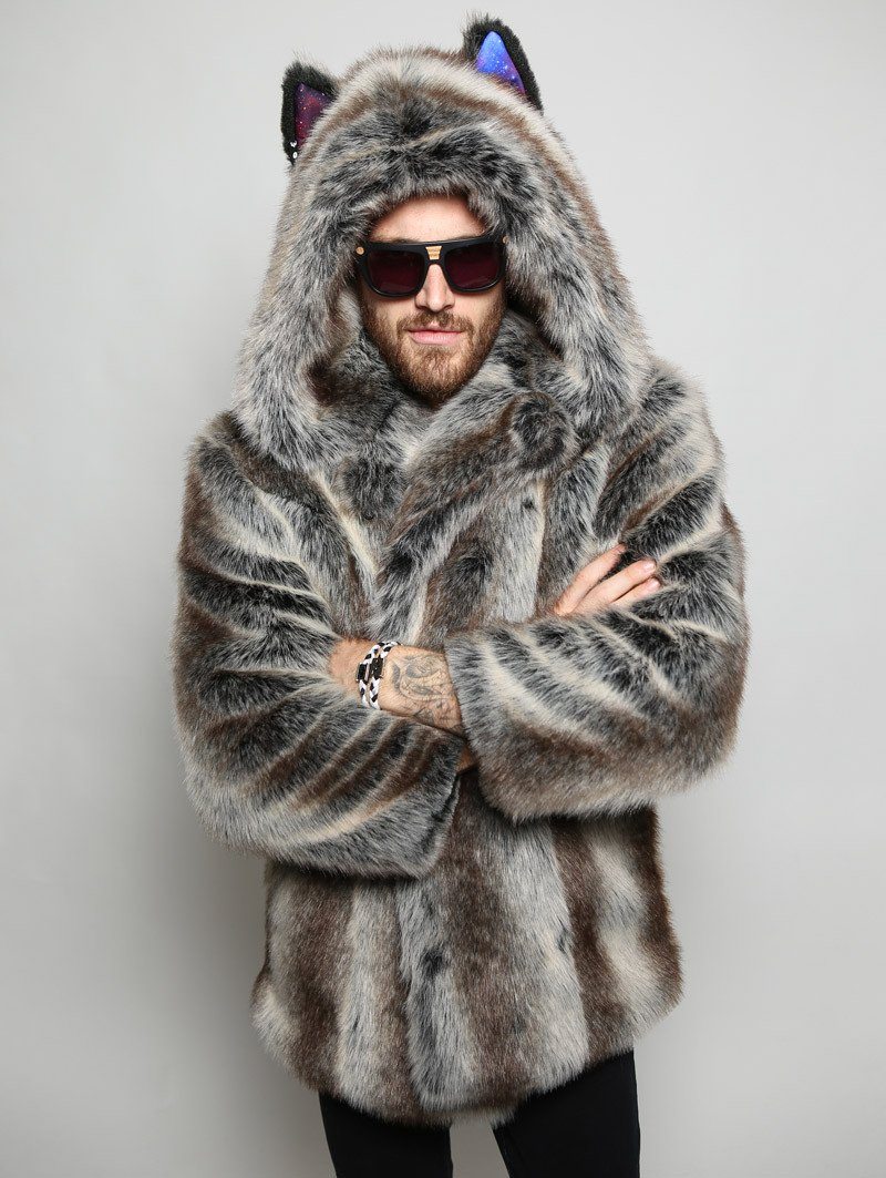 Man wearing faux fur BlackMilk Galaxy Grey Wolf Coat, front view