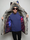 Man wearing faux fur BlackMilk Galaxy Grey Wolf Coat