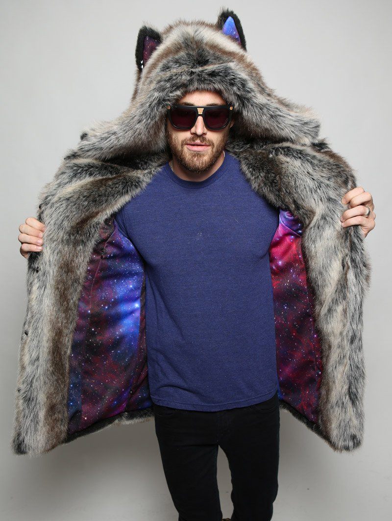 Man wearing faux fur BlackMilk Galaxy Grey Wolf Coat