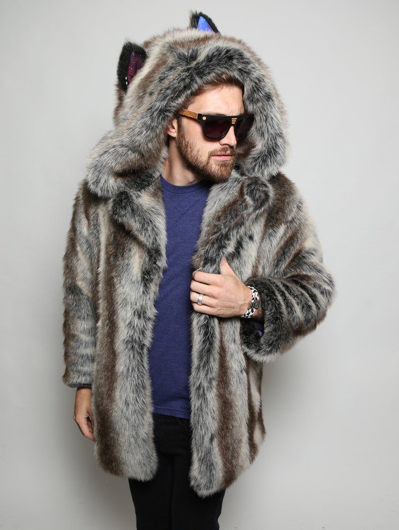 Man wearing faux fur BlackMilk Galaxy Grey Wolf Coat, front view 1