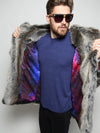 Man wearing faux fur BlackMilk Galaxy Grey Wolf Coat, side view