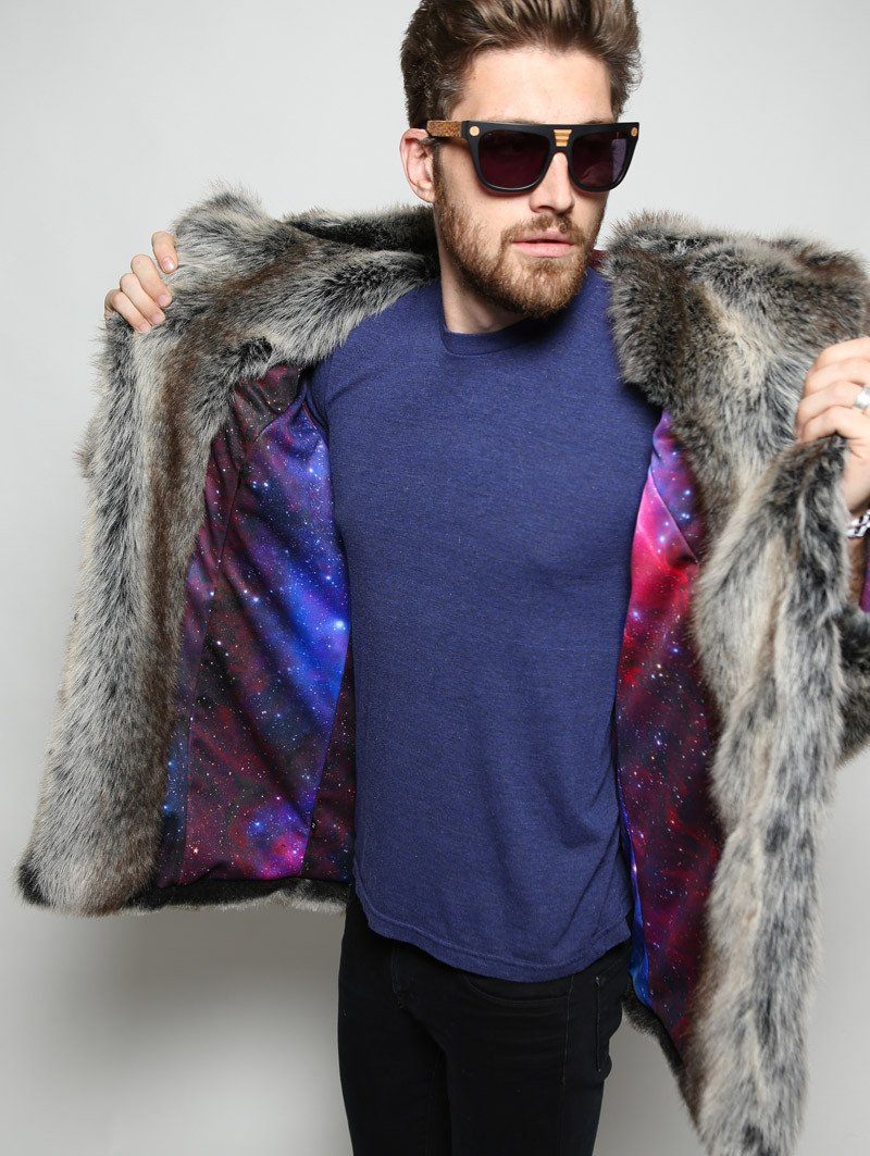Man wearing faux fur BlackMilk Galaxy Grey Wolf Coat, side view
