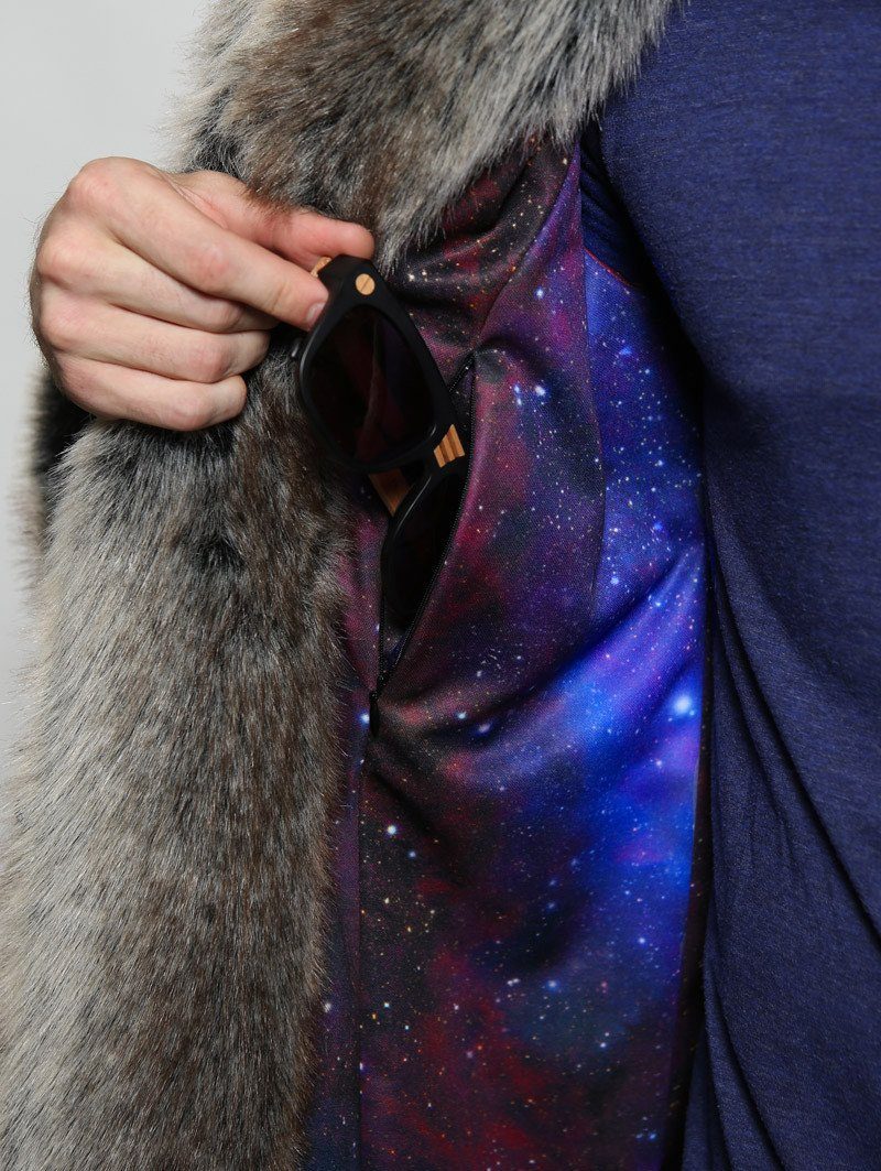 Man wearing faux fur BlackMilk Galaxy Grey Wolf Coat, front view 3