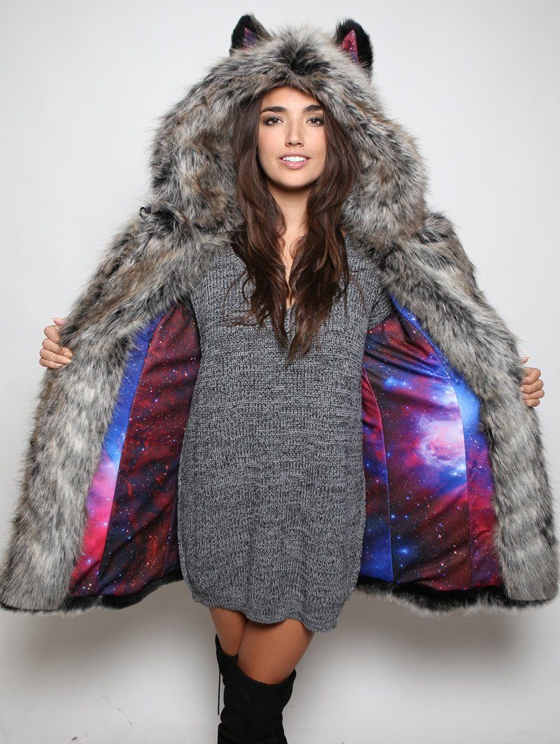 Black Wolf Galaxy Faux Fur Coat