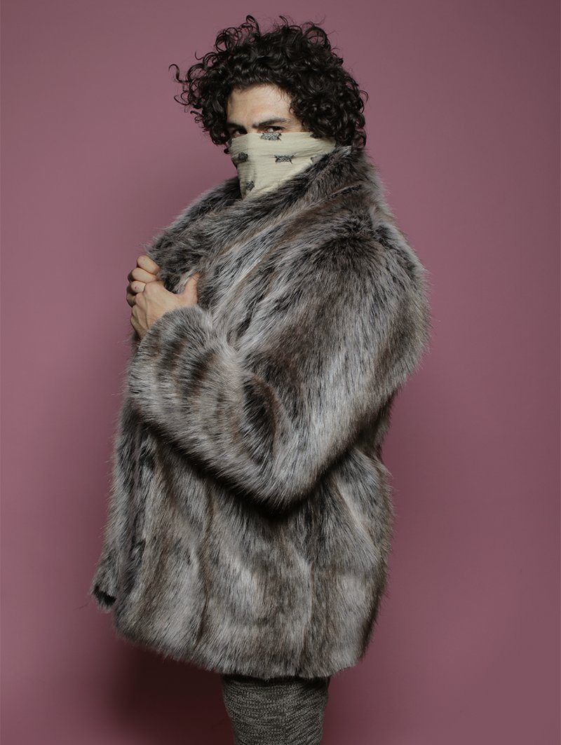 Man wearing Grey Wolf Faux Fur Coat, side view 2