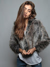 Hooded Faux Fur Crop Jacket with Grey Wolf Design