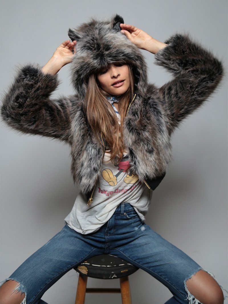 Grey Wolf Hooded Faux Fur Crop Jacket 