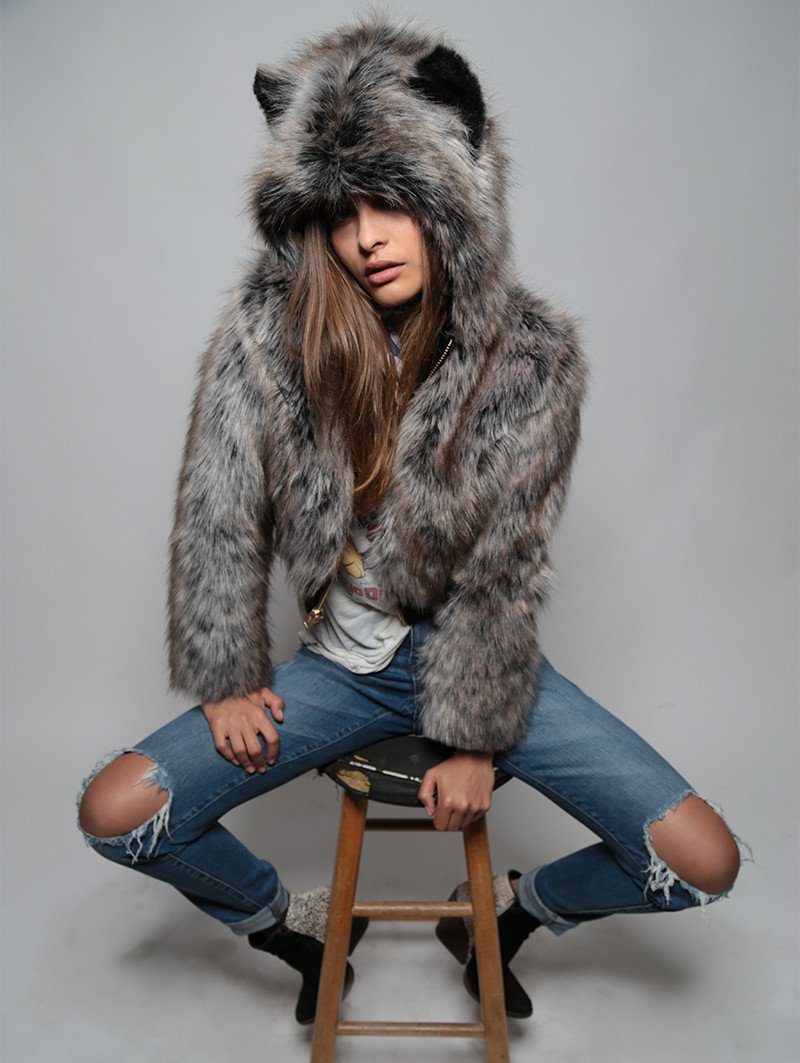 Grey Wolf Faux Fur Crop Jacket with Hood