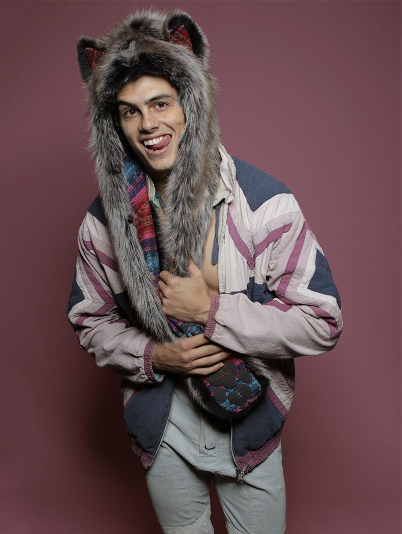 Man wearing faux fur Grey Wolf GOA SpiritHood