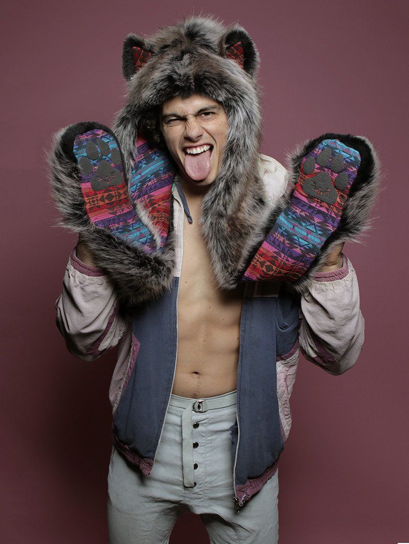 Man wearing faux fur Grey Wolf GOA SpiritHood