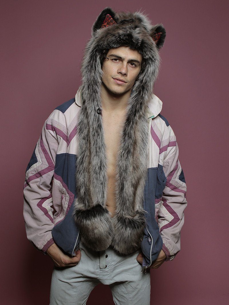 Man wearing faux fur Grey Wolf GOA SpiritHood, front view 2