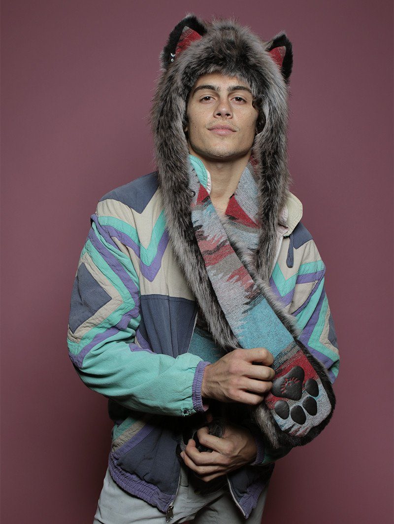 Man wearing faux fur Grey Wolf Italy CE SpiritHood
