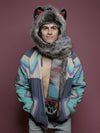 Man wearing faux fur Grey Wolf Italy CE SpiritHood, front view