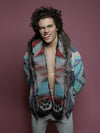 Man wearing faux fur Grey Wolf Italy CE SpiritHood, front view 1