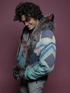 Man wearing faux fur Grey Wolf Italy CE SpiritHood, side view 1