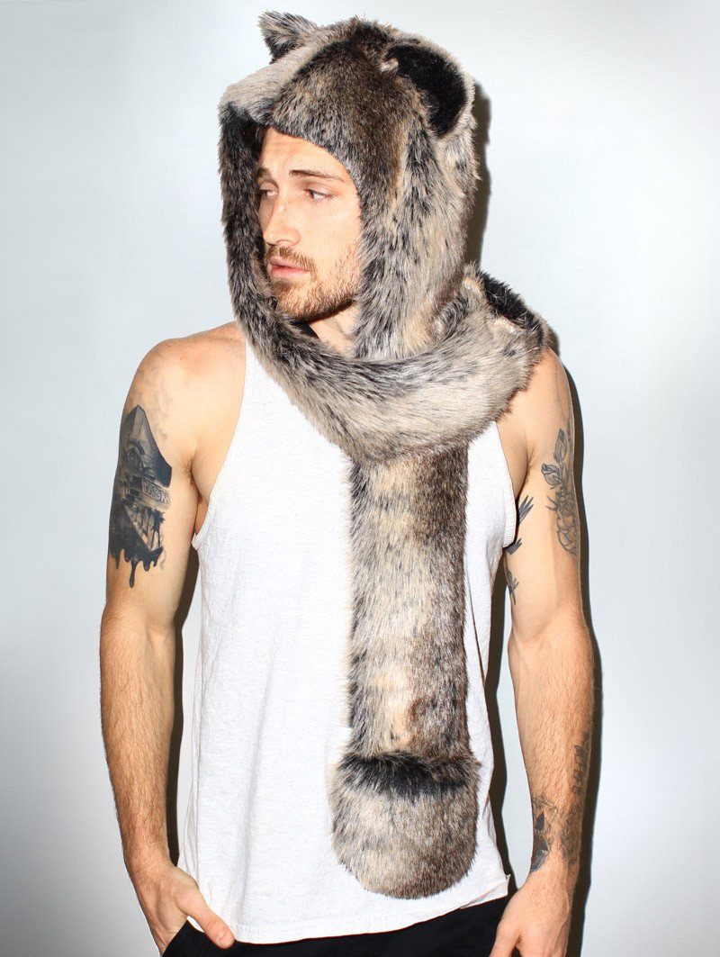Man wearing faux fur Grey Wolf SpiritHood HB3, side view