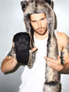 Man wearing faux fur Grey Wolf SpiritHood HB3, front view