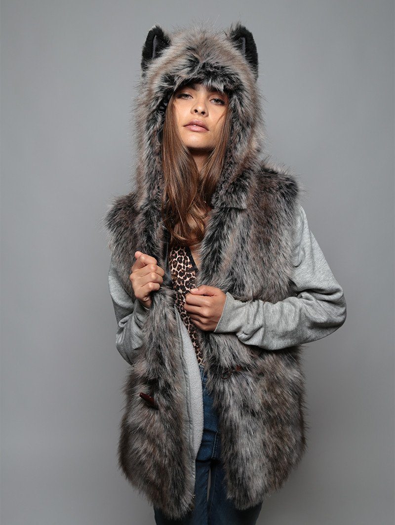 Hooded Faux Fur Vest with Grey Wolf Design