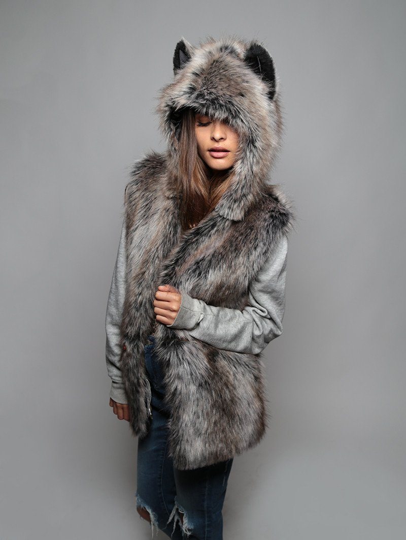 Faux Fur Grey Wolf Vest SpiritHood 