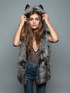Grey Wolf Faux Fur Vest with Hood on Female