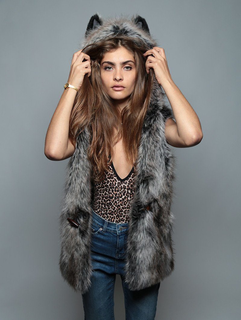 Grey Wolf Faux Fur Vest with Hood on Female