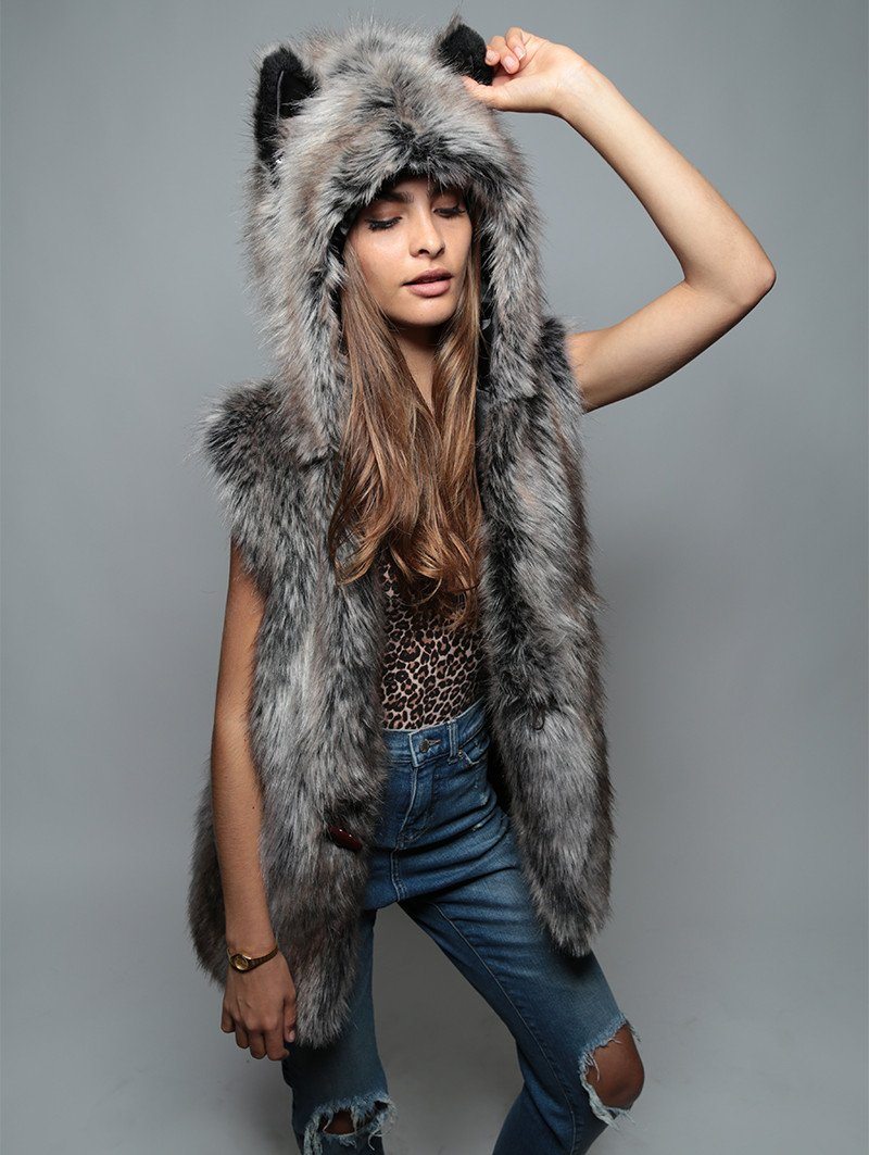 Grey Wolf Faux Fur Vest with Hood