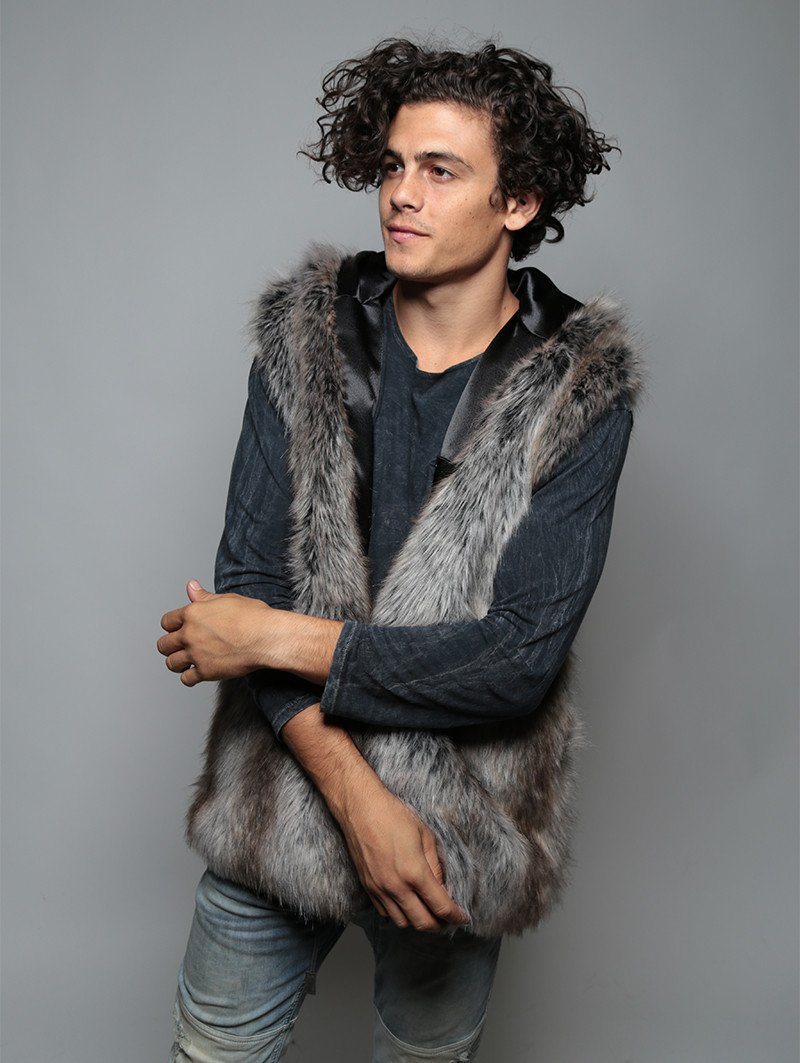 Man wearing faux fur Grey Wolf Vest SpiritHood, side view