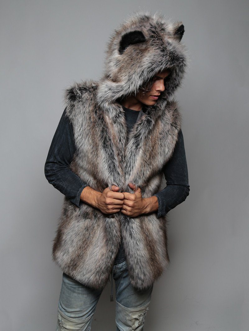 Man wearing faux fur Grey Wolf Vest SpiritHood