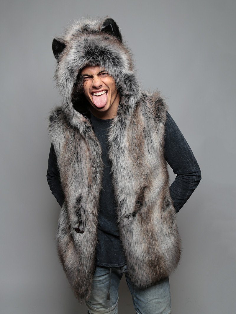 Man wearing faux fur Grey Wolf Vest SpiritHood, front view
