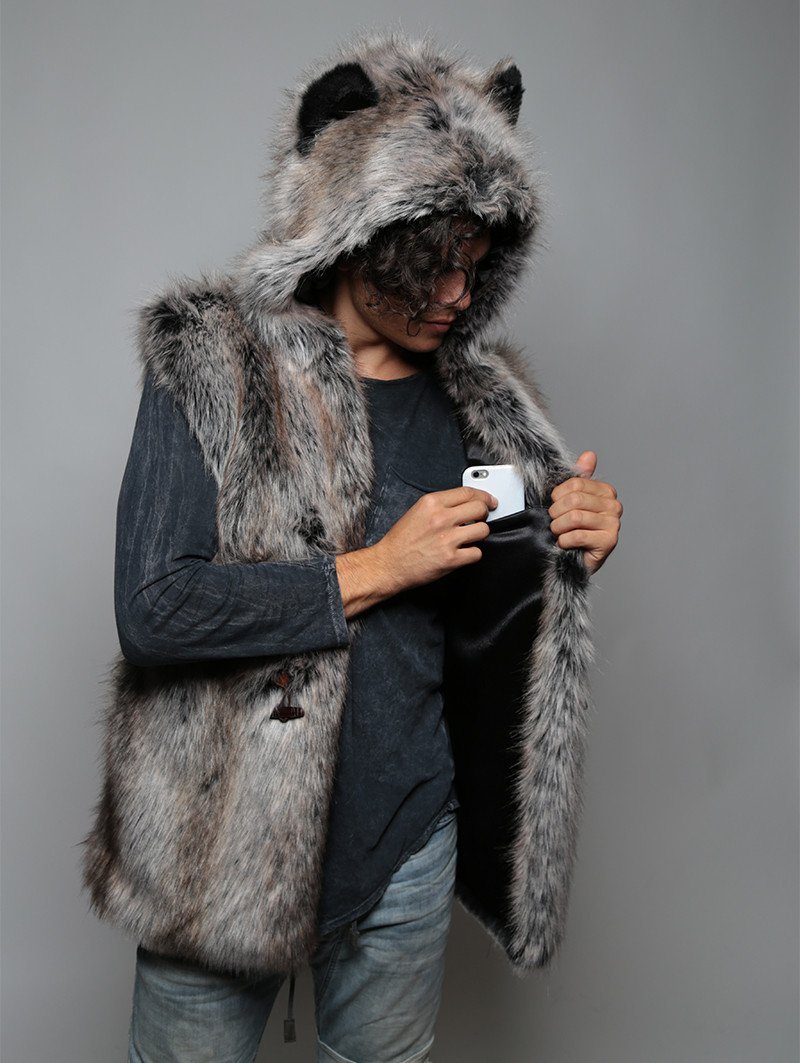 Man wearing faux fur Grey Wolf Vest SpiritHood, side view 1