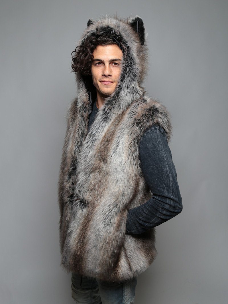 Man wearing faux fur Grey Wolf Vest SpiritHood, side view 2