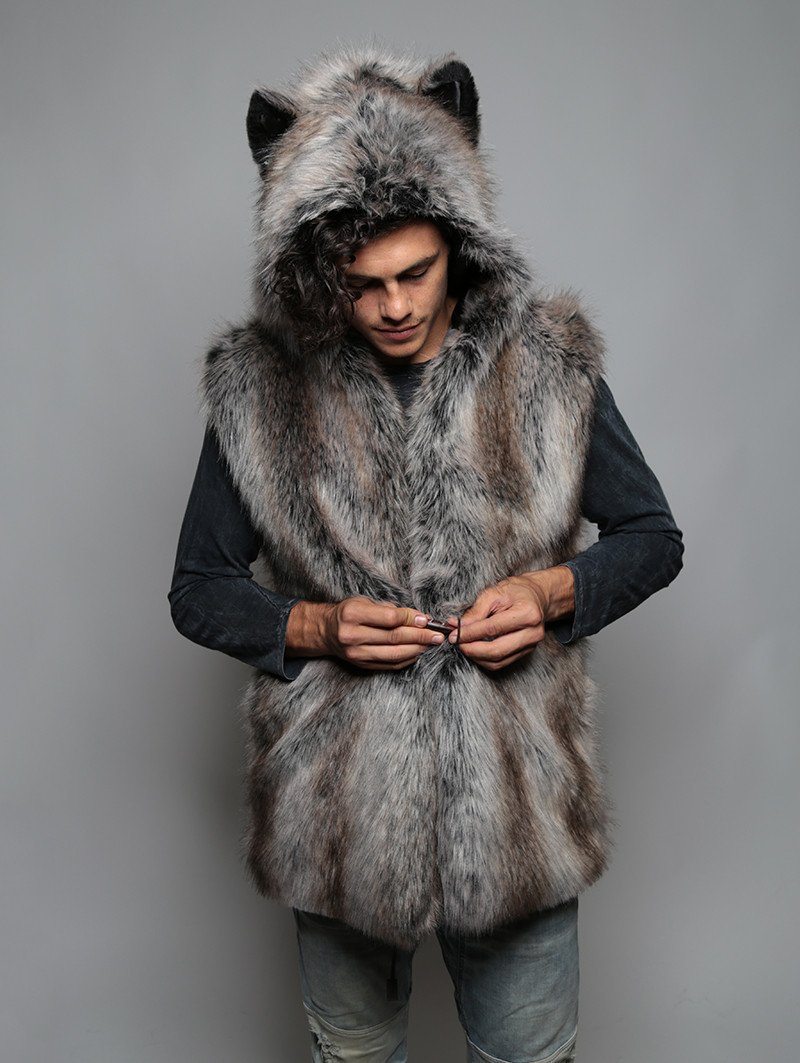 Man wearing faux fur Grey Wolf Vest SpiritHood, front view 2