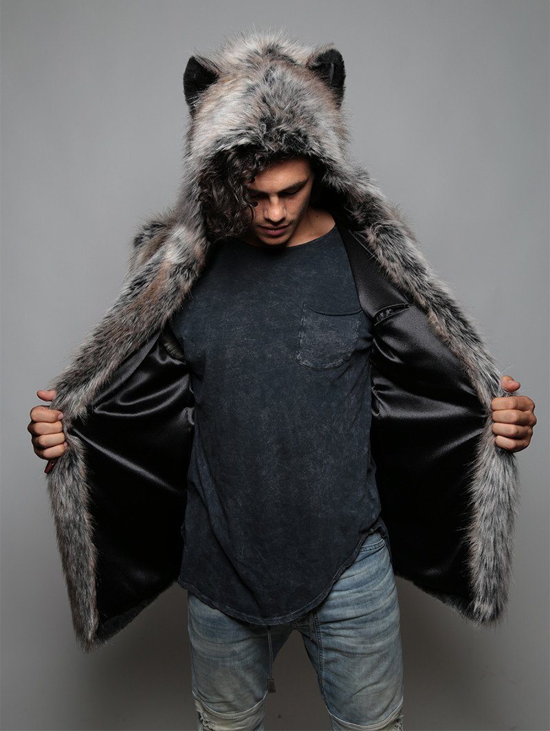 Man wearing faux fur Grey Wolf Vest SpiritHood, front view 1