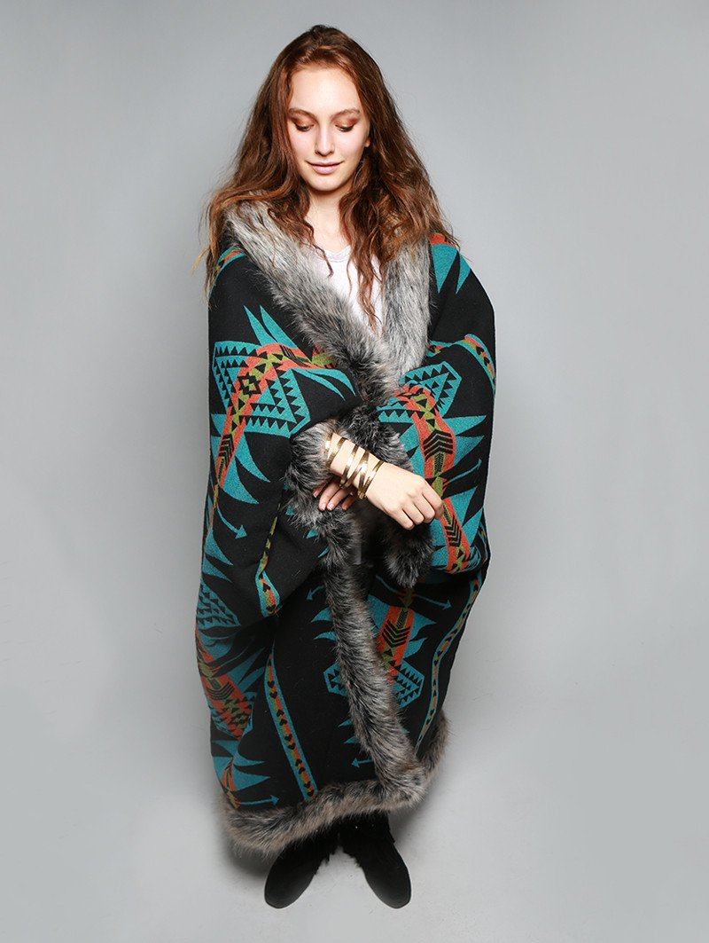 Woman wearing faux fur Grey Wolf Reverse Throw, front view 2