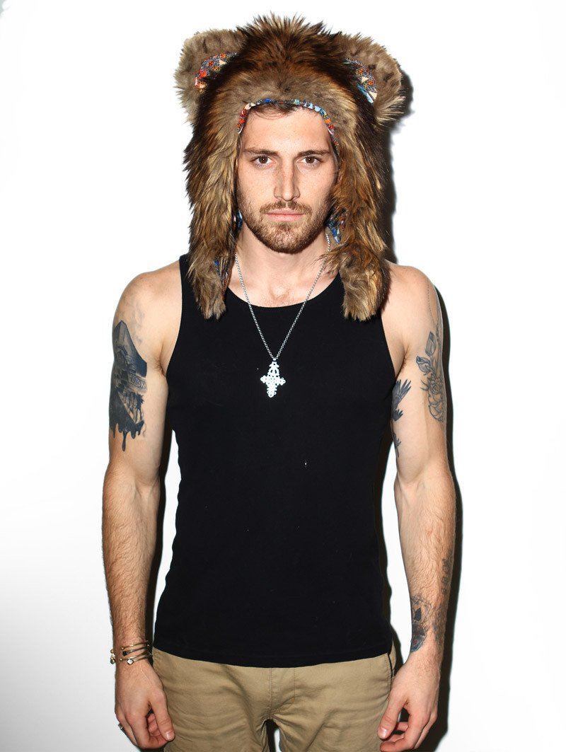 Man wearing faux fur Grizzly 1/2 Hood SpiritHood