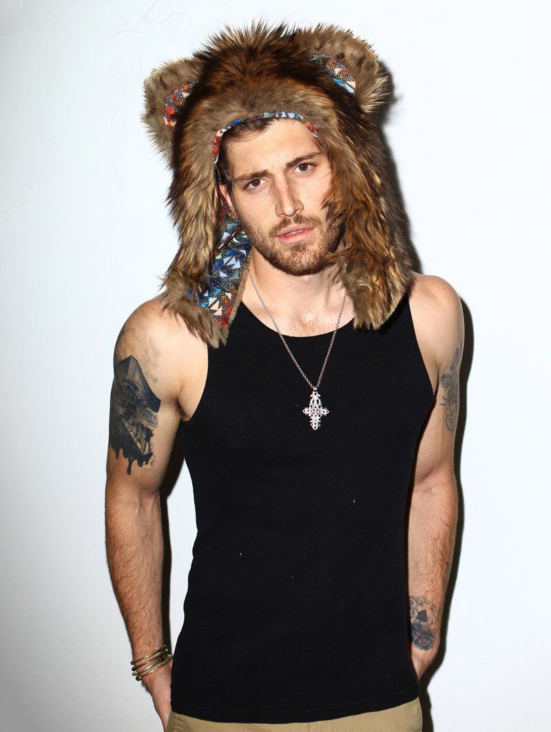Man wearing faux fur Grizzly 1/2 Hood SpiritHood, front view