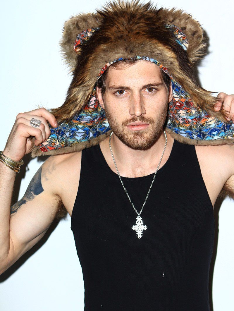 Man wearing faux fur Grizzly 1/2 Hood SpiritHood, front view 1