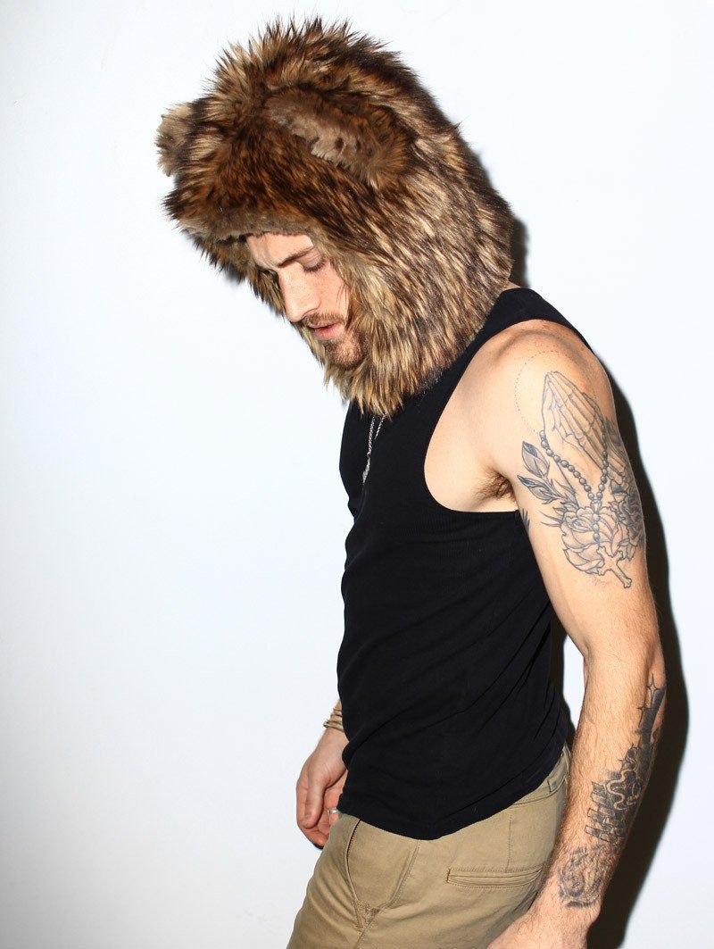 Man wearing faux fur Grizzly 1/2 Hood SpiritHood, side view