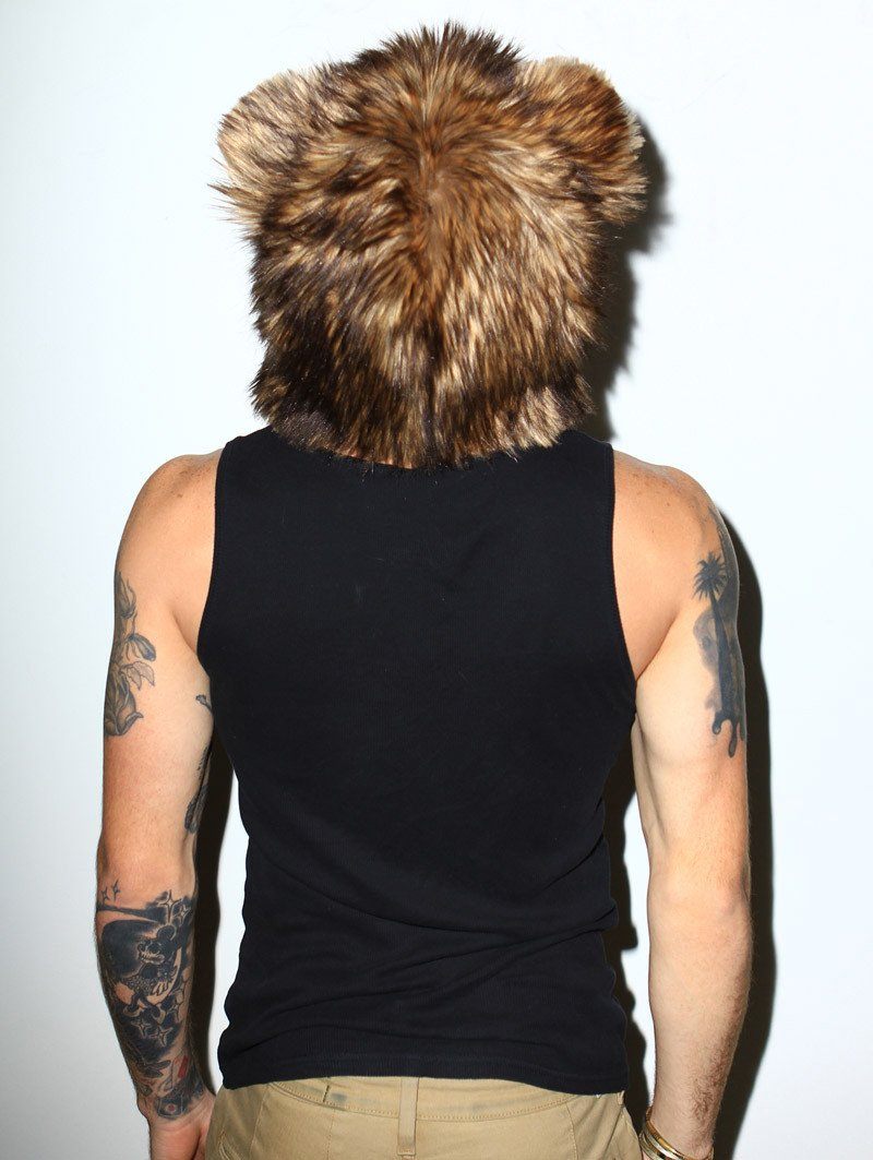 Man wearing faux fur Grizzly 1/2 Hood SpiritHood, back view