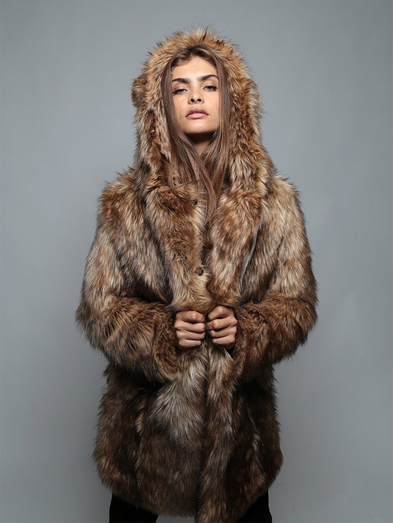 Female Wearing Grizzly Faux Fur Coat 