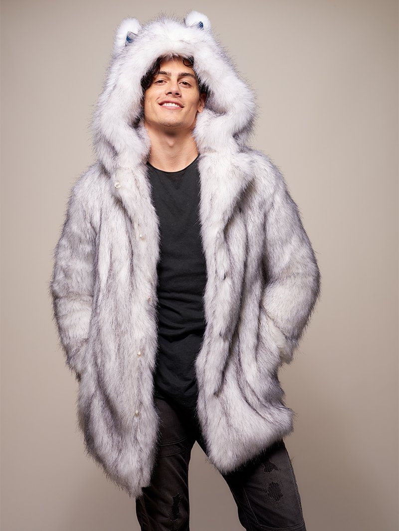 Man wearing Limited Edition Husky Faux Fur Coat, front view 1