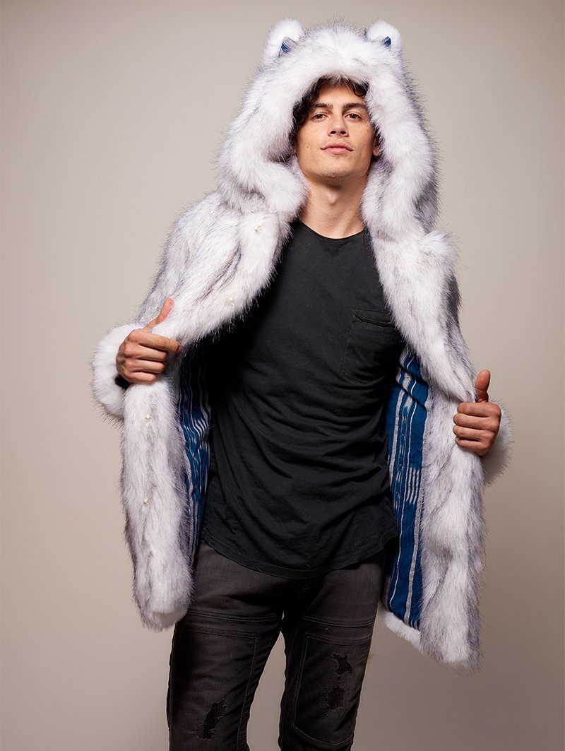 Man wearing Limited Edition Husky Faux Fur Coat, front view