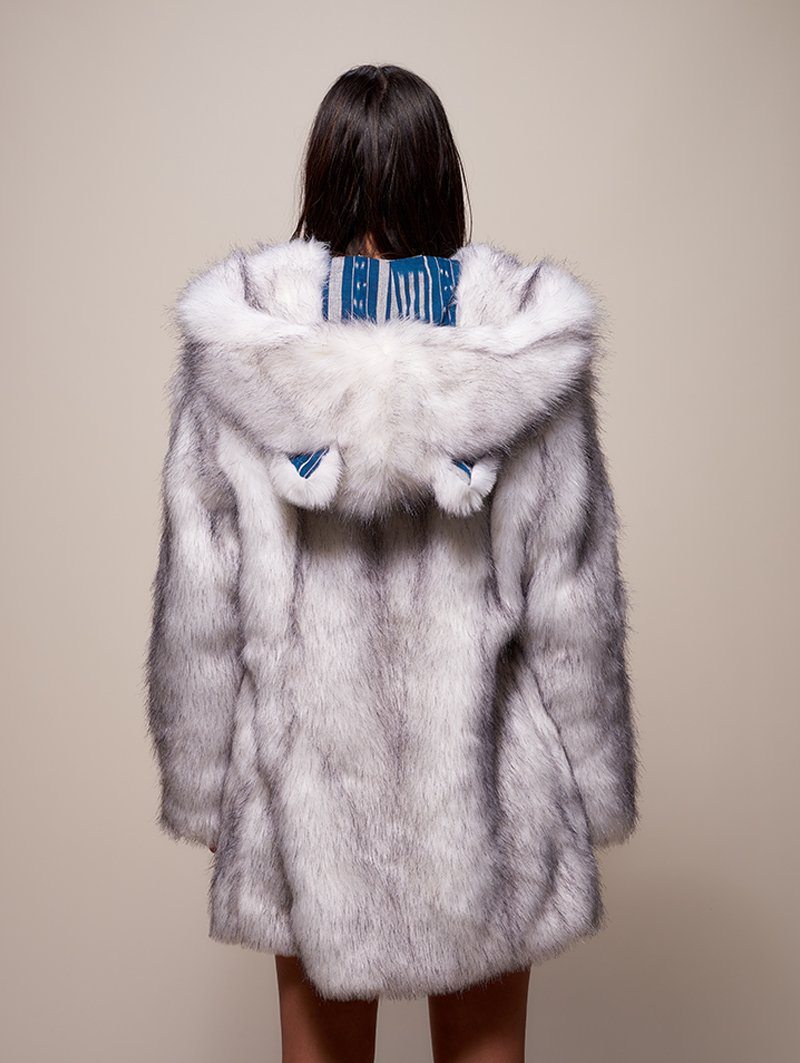 Hooded Faux Fur Coat with LE Husky Design