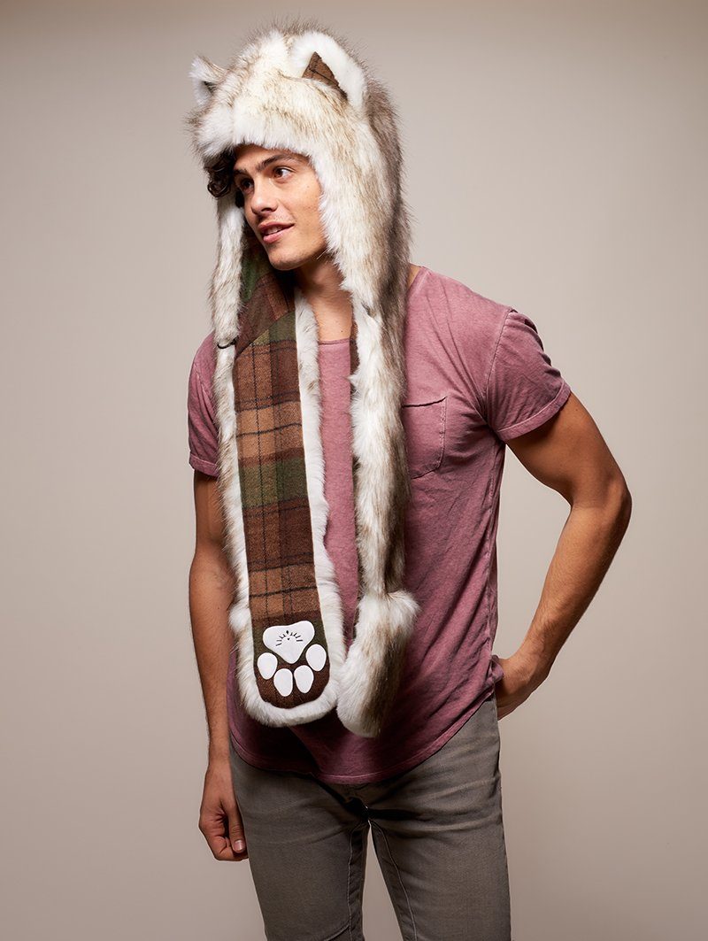 Man wearing faux fur Brown Husky Collector Edition SpiritHood, side view 1