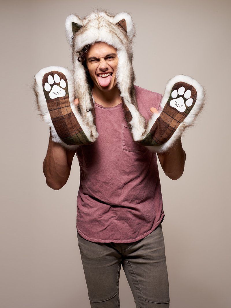 Man wearing faux fur Brown Husky Collector Edition SpiritHood, front view