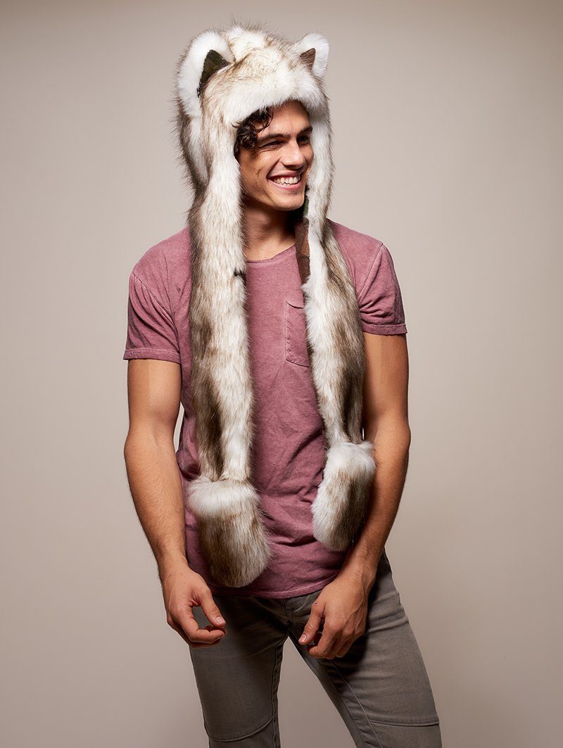 Man wearing faux fur Brown Husky Collector Edition SpiritHood, side view