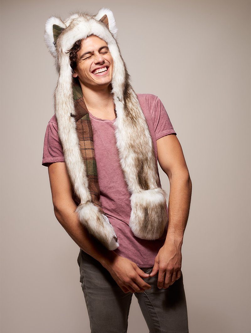 Man wearing faux fur Brown Husky Collector Edition SpiritHood, side view 2