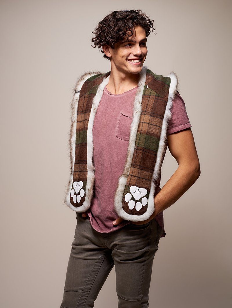Man wearing faux fur Brown Husky Collector Edition SpiritHood, side view 3